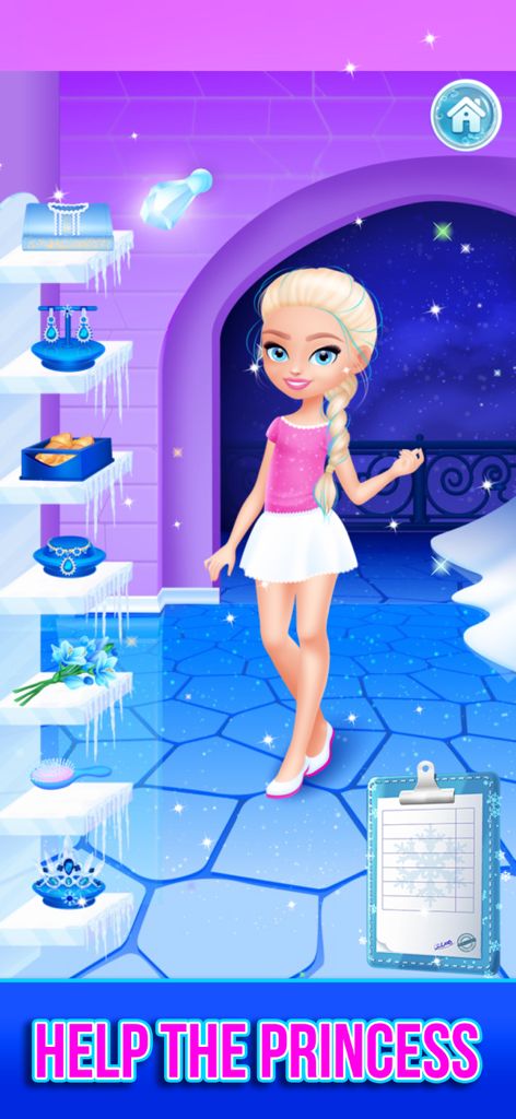 A young princess in a pink outfit stands in a winter palace with shelves of frozen jewelry and accessories.