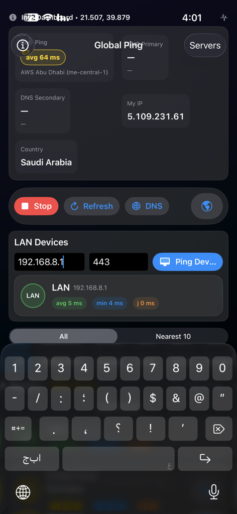 MY Ping app interface displaying global latency metrics and local network device ping tests