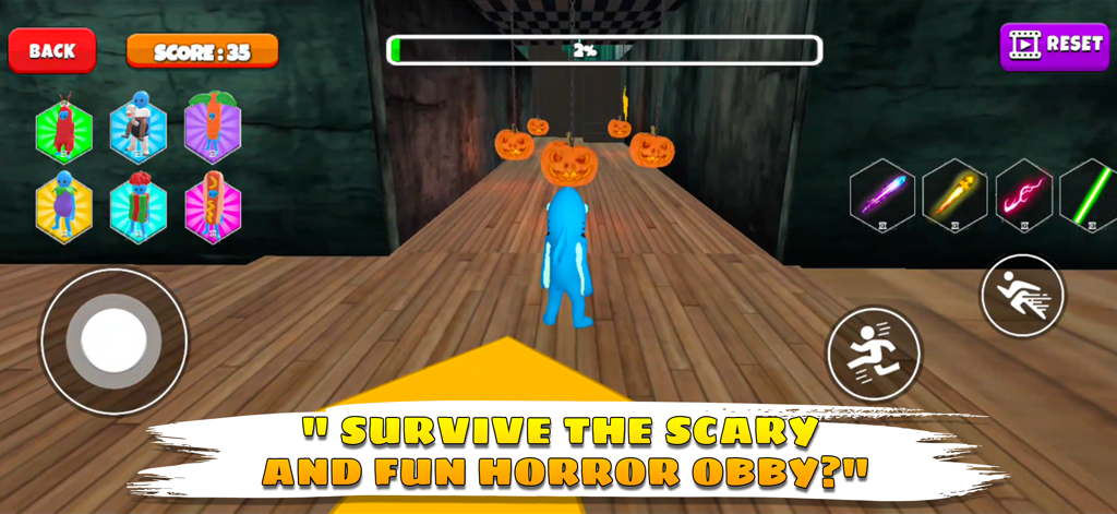 Easy Obby Parkour: Obbys Games - A blue character navigating a scary horror themed obstacle course with floating pumpkins in Easy Obby Parkour