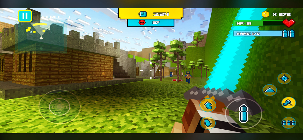 Cops Vs Robbers: Jailbreak - ブロック状スタイルのFPSゲームの一人称視点。輝く剣を持ったキャラクターが表示されている