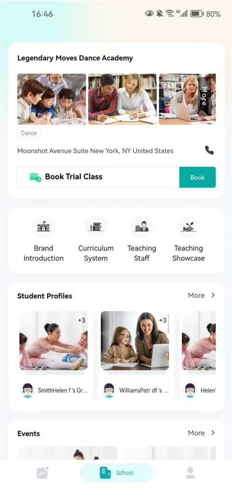 Artstep Student-Manage Classes - Interfaccia dell'app Artstep Student che mostra un profilo di accademia di danza con profili degli studenti e opzioni di prenotazione delle lezioni