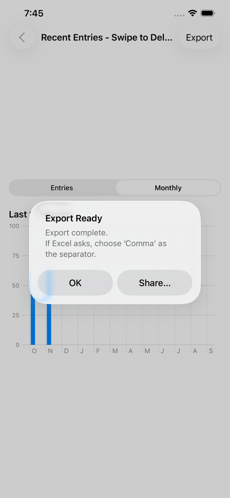 Mensaje de confirmación listo para exportar para el registro de asistencia al trabajo que muestra un botón para compartir e instrucciones para Excel.