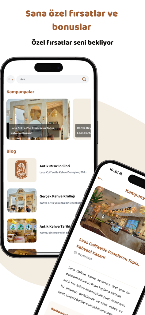Laos Coffee - Interface do aplicativo móvel Laos Coffee mostrando recompensas de pontos de fidelidade e posts de blog sobre cultura do café