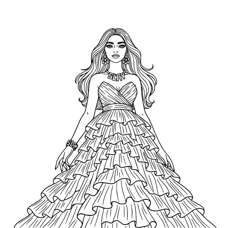 cute girl long hair and nail wearing very beautiful prom dress with cute earrings and a slay necklace and bracelet