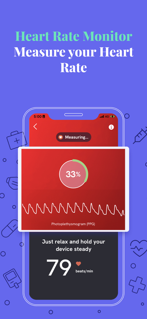 Benutzeroberfläche der Eka Care App für Herzfrequenzüberwachung mit Pulsmessung und PPG-Wellenform.