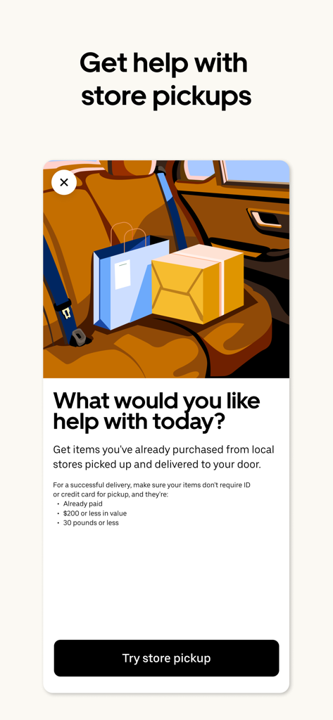 Uber App-Bildschirm, der Store-Pickup-Dienste mit einer Illustration von Paketen auf dem Rücksitz eines Autos bewirbt