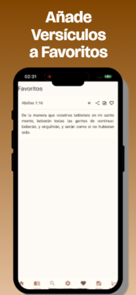 Santa Biblia + Audio - Interface of the Santa Biblia app showing a bookmarked Bible verse in the favorites section