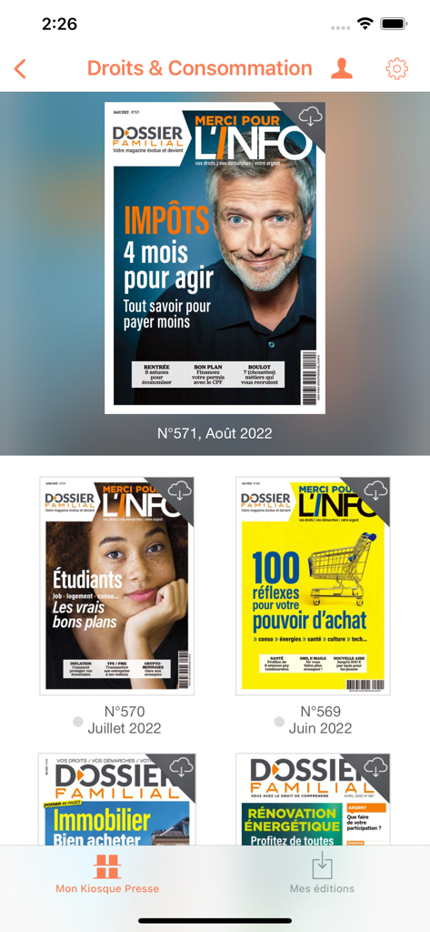 Mon Kiosque Presse - Digital magazine library in Mon Kiosque Presse app showing several issues of Merci pour l info