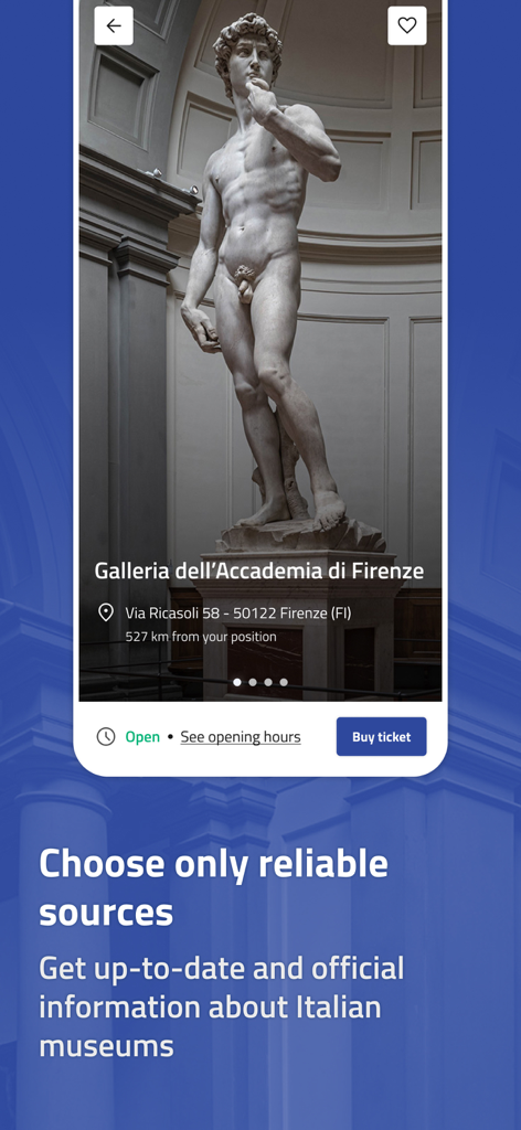 Musei Italiani - ダビデ像を特徴とするアカデミア美術館のチケット予約のためのMusei Italianiアプリ画面