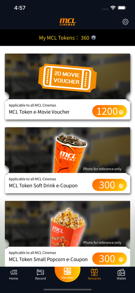 MCL Cinemas - Ticketing - MCL Cinemas app member rewards screen showing token balance and redeemable vouchers for movie tickets and snacks