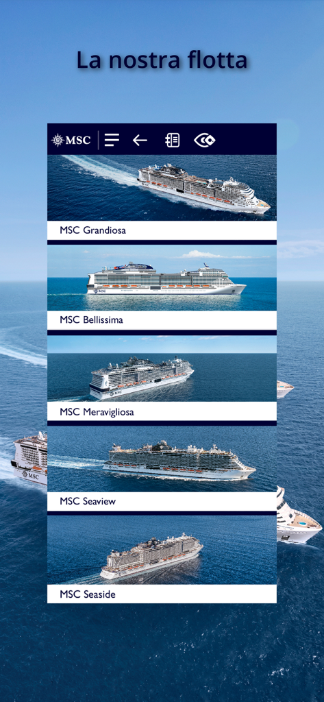 MSC 360VR - MSC 360VR app screenshot displaying the cruise ship fleet selection menu