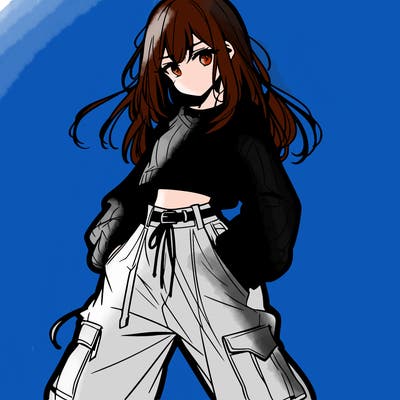 anime teen girl with baggy pants and crop top with sweater