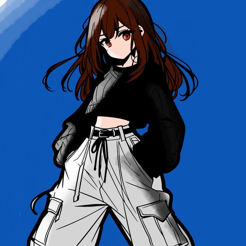 anime teen girl with baggy pants and crop top with sweater