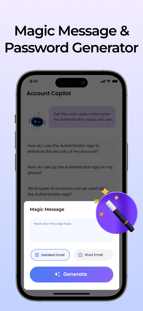 Écran de smartphone affichant l'IA Copilot et le générateur de messages magiques dans Authenticator App Plus