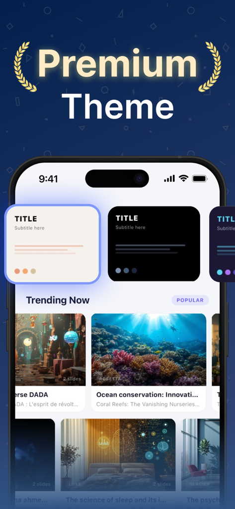 GMM AI APP: Presentation Maker - GMM AI 앱의 프리미엄 프레젠테이션 테마 및 인기 슬라이드 템플릿 표시 인터페이스