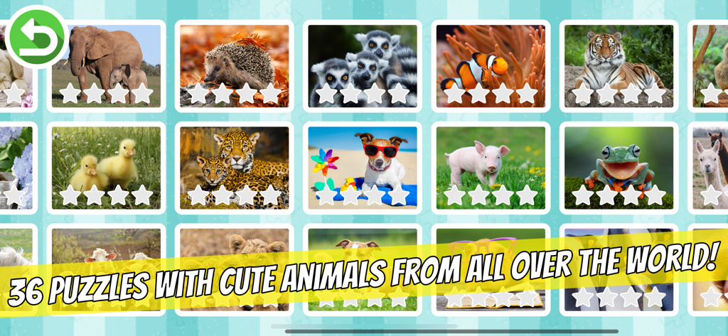 Ravensburger Puzzle Junior - Ravensburger Puzzle Junior app animal selection screen showing various cute animals.