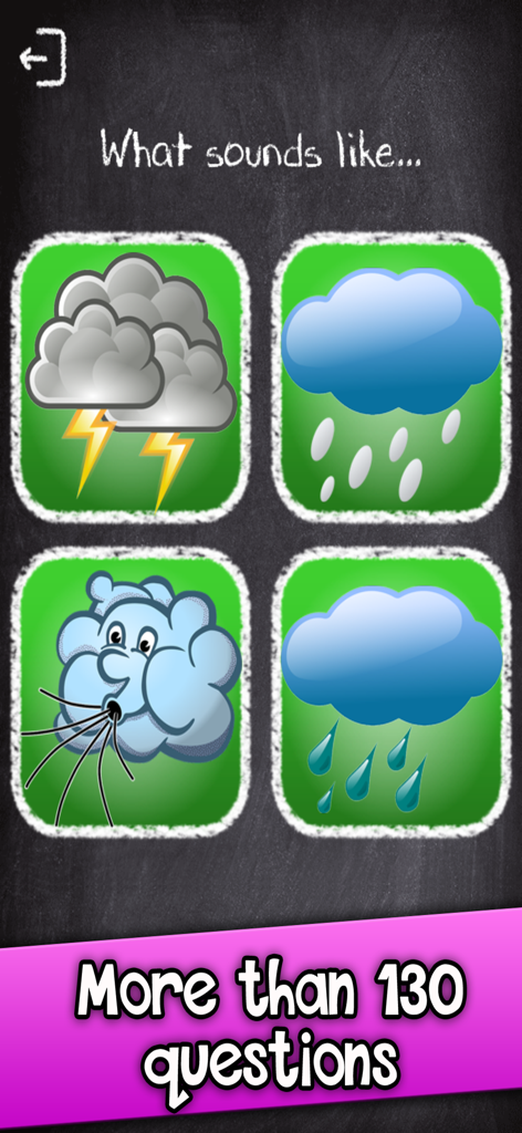 Una pantalla del juego educativo Adivina los sonidos que muestra un concurso de sonidos climáticos con cuatro opciones de nubes ilustradas para relámpagos, granizo, viento y lluvia.