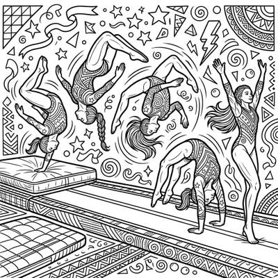Dive into the thrilling world of gymnastics with this action-packed coloring page featuring tumbling gymnasts. Perfect for teens, this design offers intricate details and dynamic poses to bring to life with your favorite colors.