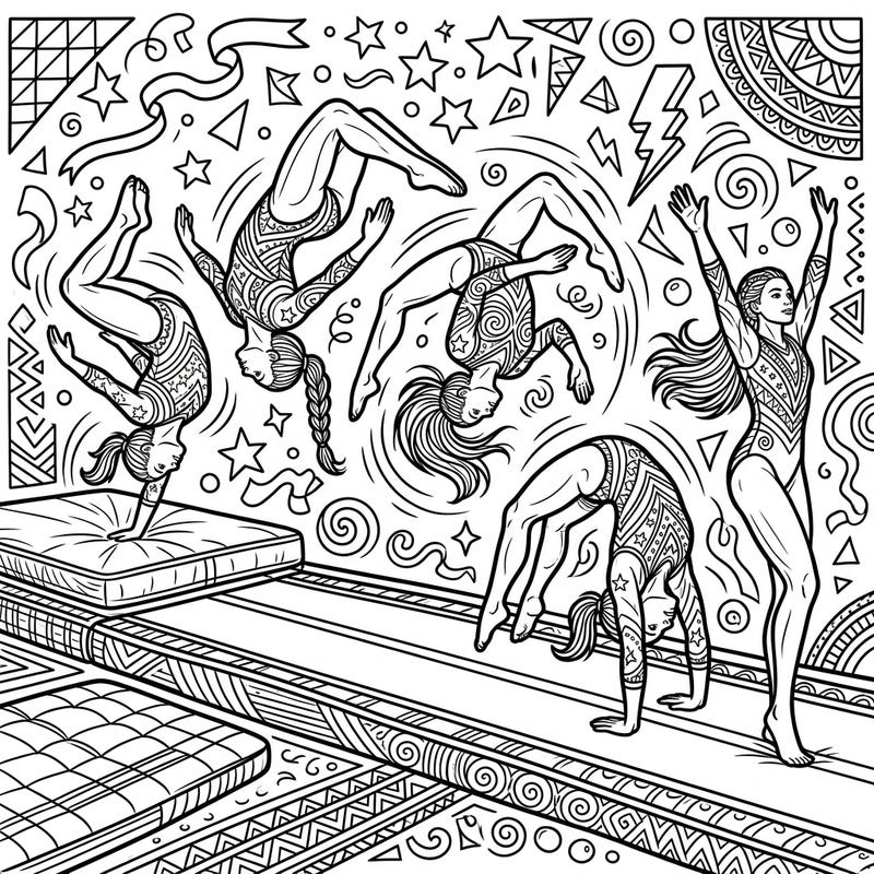 Dive into the thrilling world of gymnastics with this action-packed coloring page featuring tumbling gymnasts. Perfect for teens, this design offers intricate details and dynamic poses to bring to life with your favorite colors.