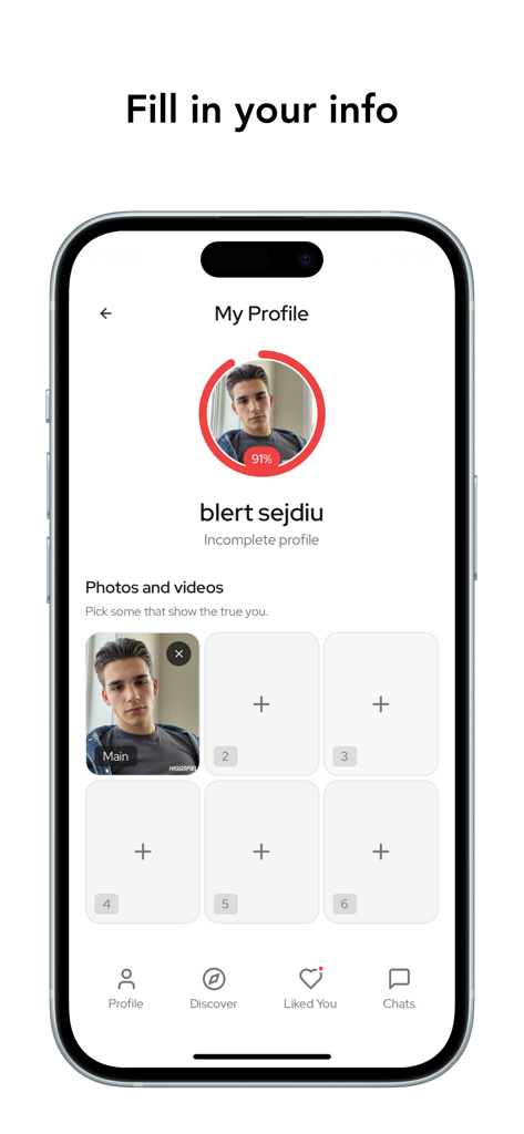 Takim: Connect with Albanians - A user profile setup screen on the Takim app showing photo upload slots and a profile completion status bar.