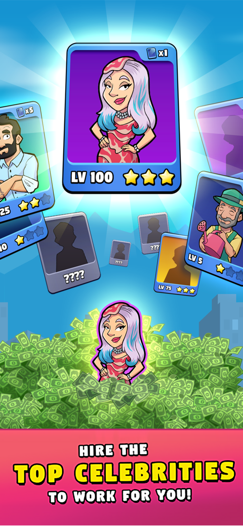 Money Tree 2: Business Tycoon - Mobile game screen showing collectible celebrity cards and a character standing in a pile of cash