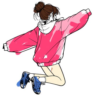 realistic girl jumping with a bun and oversized sweatshirt