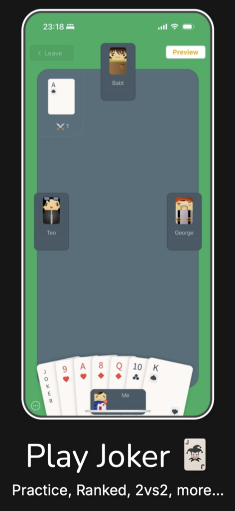 Joker - Online Game - Mobile screen showing a multiplayer round of the Joker card game with player avatars and a hand of cards