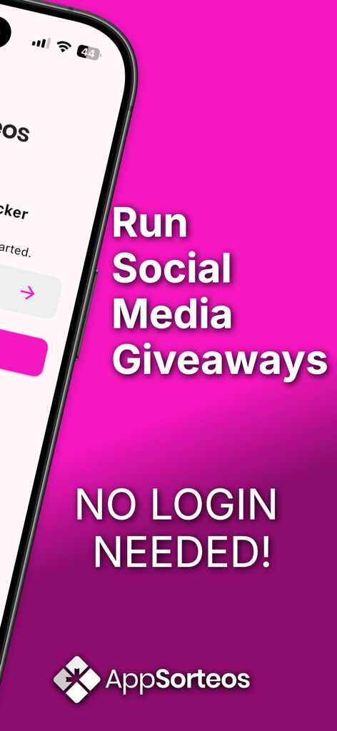 AppSorteos - Tela promocional para o aplicativo AppSorteos destacando os recursos de sorteio de mídia social sem login necessário em um fundo rosa vibrante