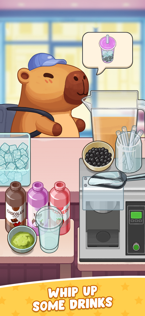 Ein süßes Capybara bestellt Bubble Tea an einer bunten Getränkestation mit verschiedenen Sirups und Toppings.