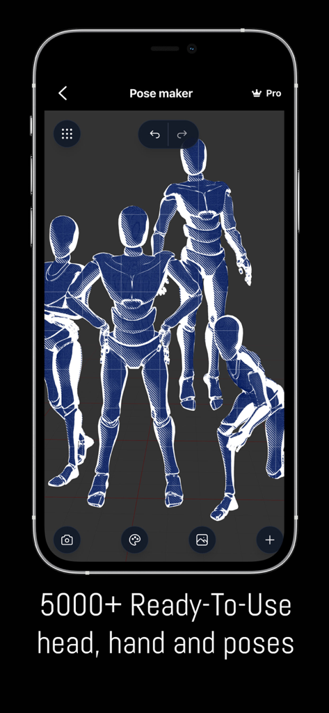 Pose Maker: 3D Art Reference - Captura de pantalla de la aplicación Pose Maker mostrando múltiples modelos de personajes 3D en varias poses