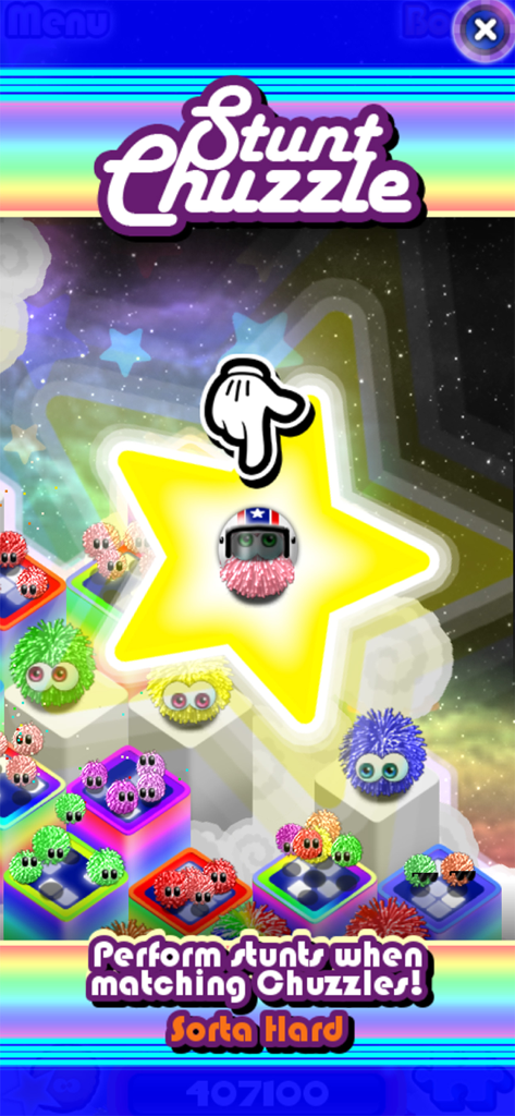 Chuzzle 2 - A gameplay screenshot of Chuzzle 2 showing the Stunt Chuzzle mode with colorful fuzzy characters on a star-themed background.