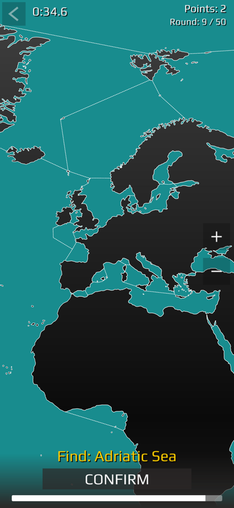 Écran de l'application World Map Quiz montrant un défi géographique pour localiser la mer Adriatique sur une carte de l'Europe et de l'Afrique