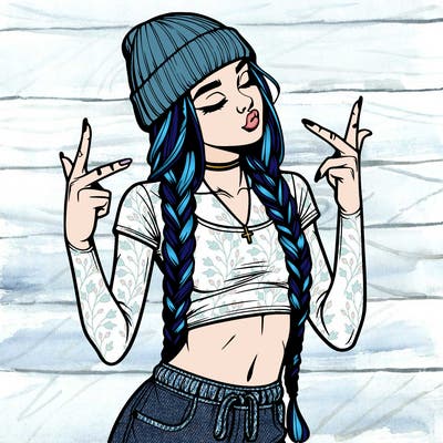 realistic teenage girl with braids and a beanie and crop top doing 🫶🏼