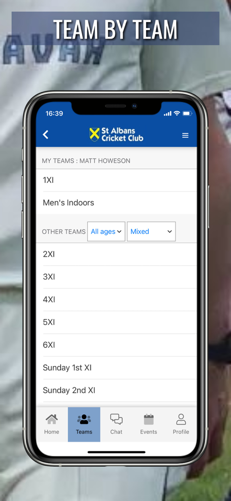 Hitssports Mobile App-Oberfläche, die eine Liste von Sportteams und Clubabteilungen für einen Benutzer anzeigt.