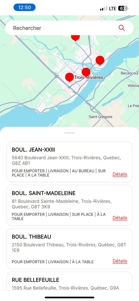 Map and address list of Les Rotisseries Ti-Coq restaurant locations in Trois Rivieres