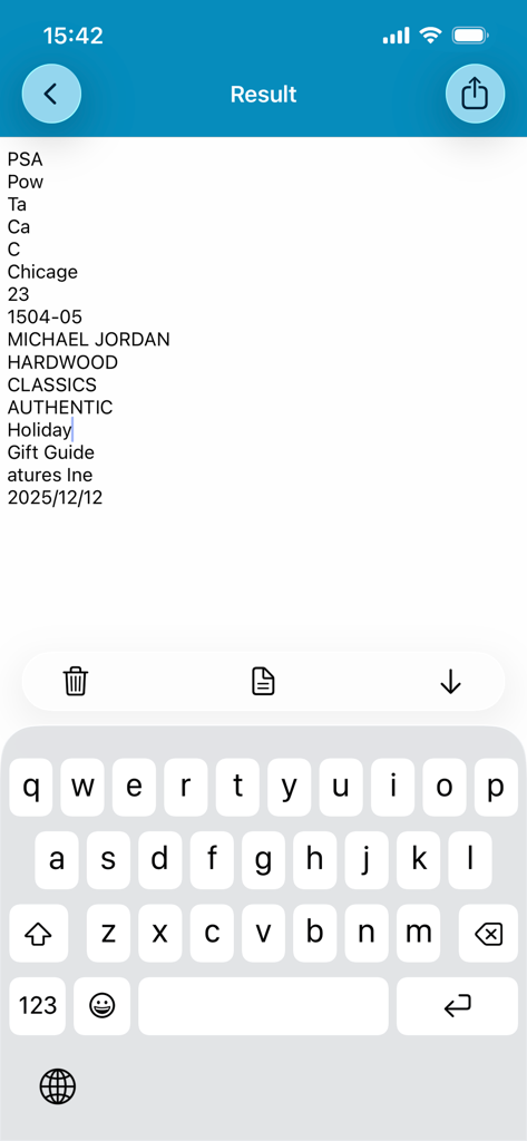 ClipOCR2 - ClipOCR2 app interface displaying digitized text results from a scan with an active keyboard for editing.