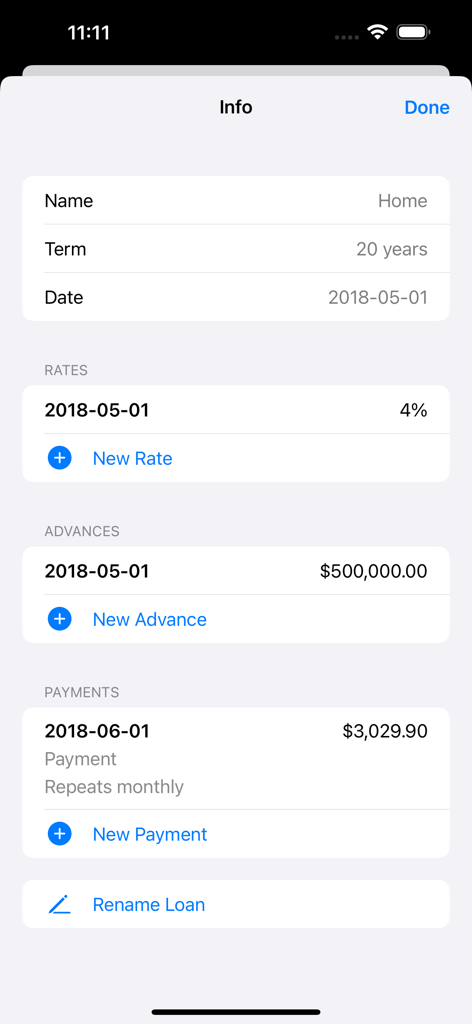 Amortization - Loan Calculator - Screen showing loan details including interest rates and monthly payment amounts