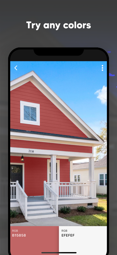 Paint my House: change color - A mobile app interface visualizing a red exterior paint color on a suburban house