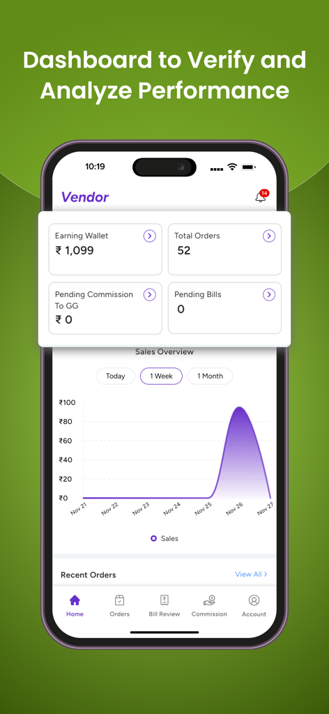 Vendor - Global Garner - Vendor Global Garner mobile app dashboard showing performance analytics and wallet balance