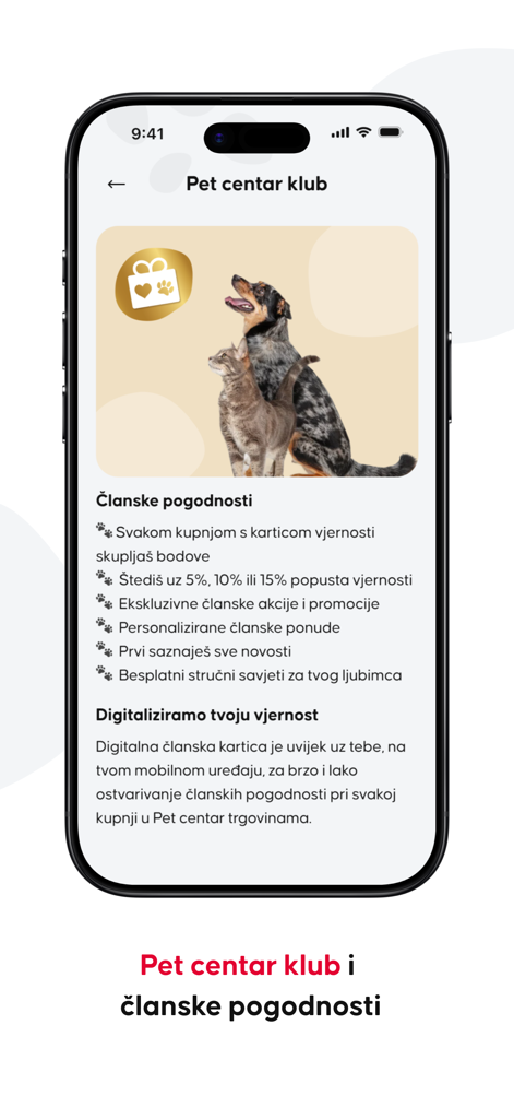 Pet centar HR - Pet centar HR app loyalty club screen listing member benefits for pet owners.