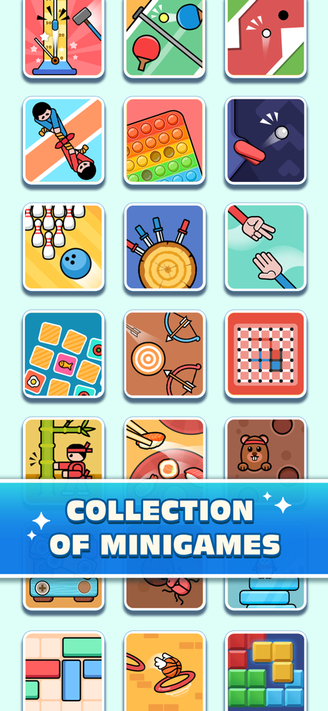 Una cuadrícula que muestra varios iconos coloridos para minijuegos de batalla 1v1 y antiestrés