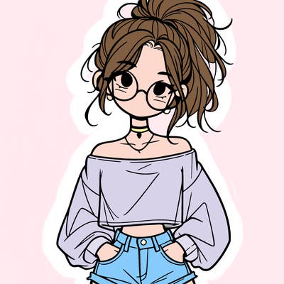 girl with a messy ponytail glasses a baggy crop top and jean shorts