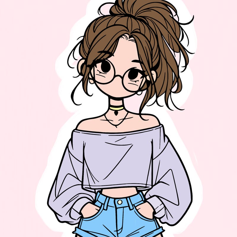 girl with a messy ponytail glasses a baggy crop top and jean shorts