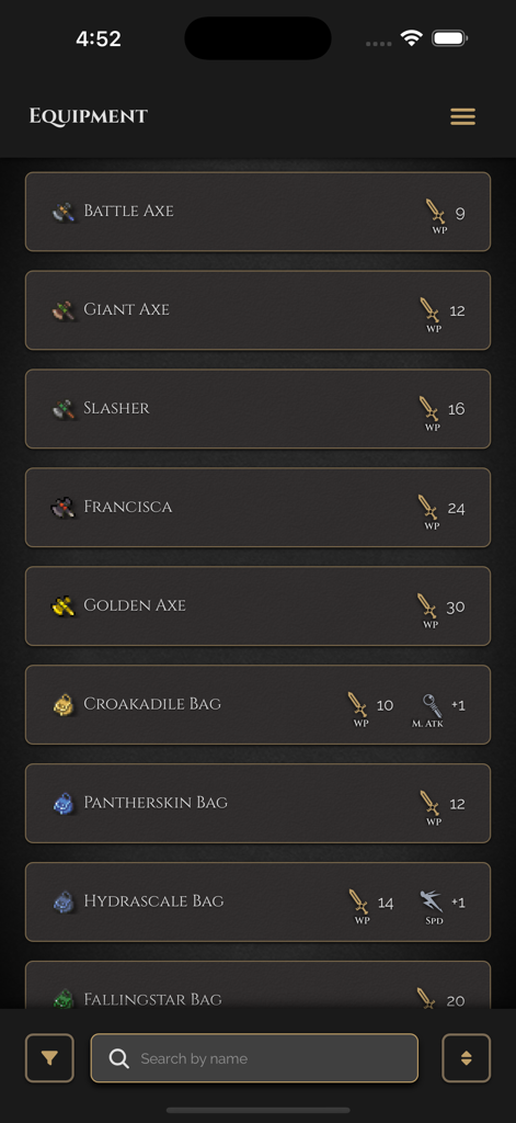 FFT Companion - A list of weapons and items in the FFT Companion app showing stats like weapon power for various axes and bags.