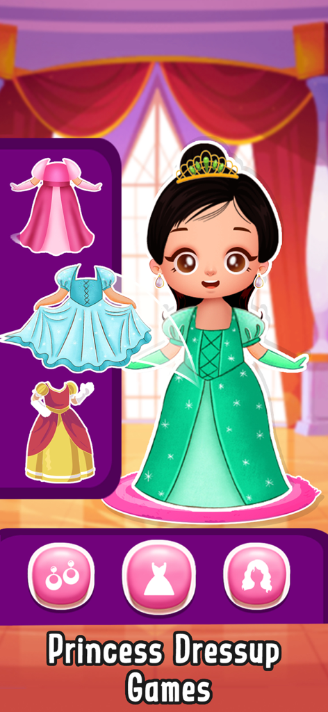 Princess Carphone Doll Games - A cartoon princess character in a green dress with multiple outfit options in a dress up game interface.