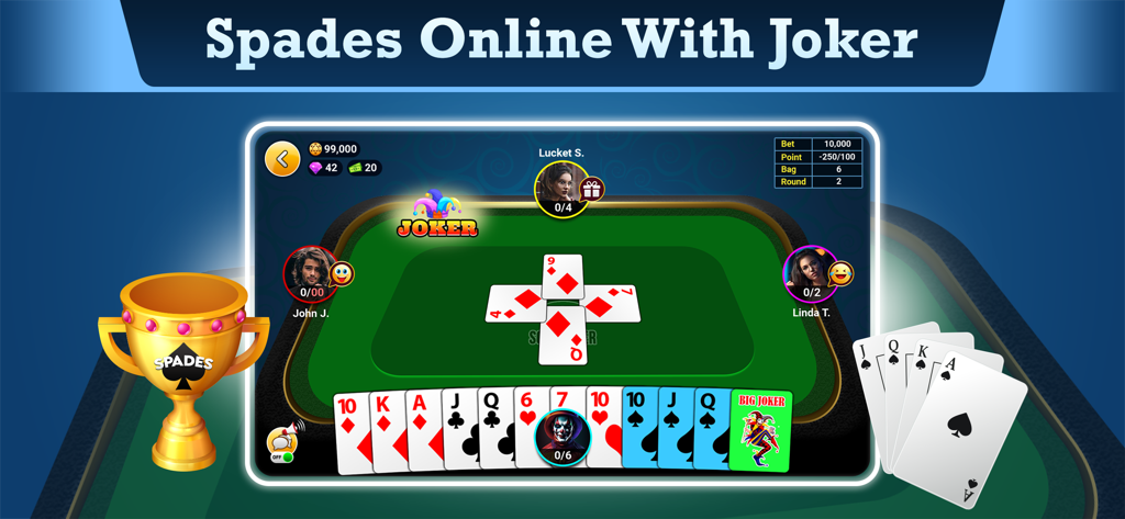 Spades King: Classic Card Game - Spades King app gameplay screen showing an online multiplayer match in Joker mode.