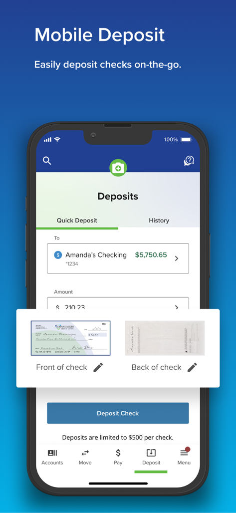 A smartphone displaying the mobile check deposit feature in the Consumers Credit Union banking app.