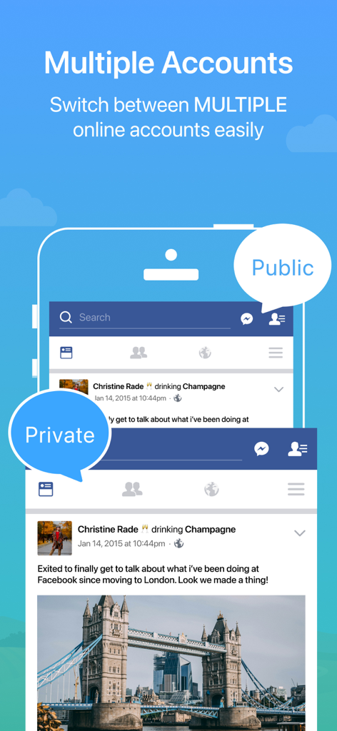 Parallel Space ~ App Cloning - Parallel Spaceアプリのインターフェイス。パブリックおよびプライベートソーシャルメディアアカウントを簡単に切り替える機能を表示