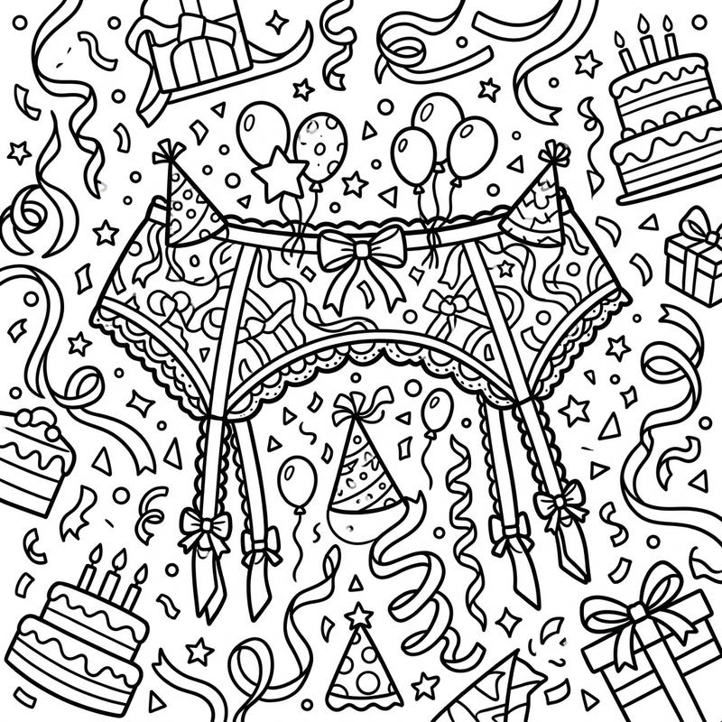 Get ready for a unique celebration with this playful birthday garter belts coloring page! It features a delightful blend of intimate fashion and festive birthday cheer, perfect for adult colorists.