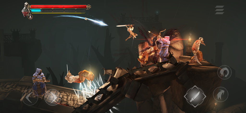 A warrior performs a mid air slash in the dark fantasy action game Grimvalor